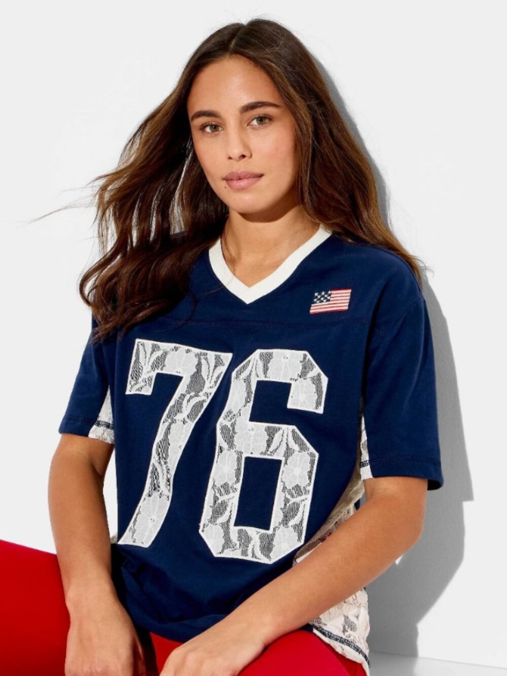 NEW Zoe & Liv Women's USA Lace Short Sleeve Graphic Jersey Medium T-Shirt